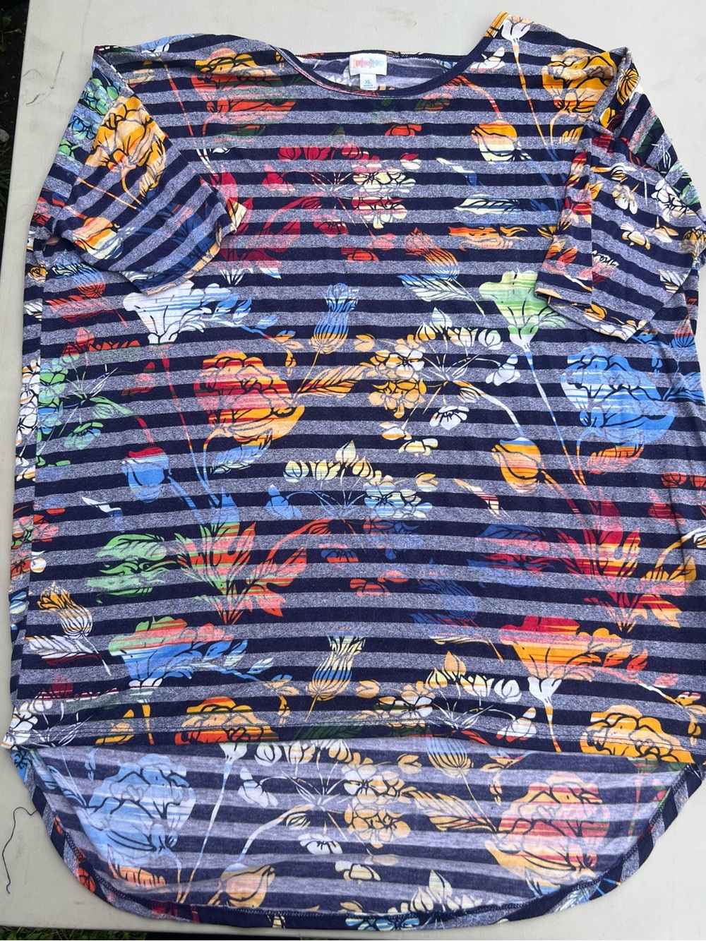LuLaRoe Navy Striped Tee with Multicolor Floral Print